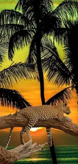 Leopard resting on a branch under palm trees at sunset.