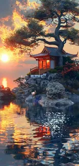 Tranquil sunset over zen garden on calm reflective waters.