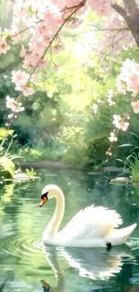 A serene swan floats amid cherry blossoms.