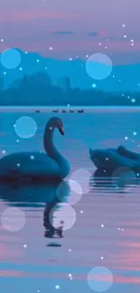 Two tranquil swans on a serene, pink-hued lake.