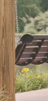 Wooden swing with green and floral backdrop by a serene lake.