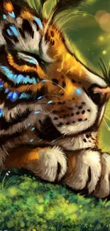 Painted tiger with blue markings lies peacefully with a butterfly on its nose.