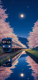 Train under cherry blossom sky at night reflected in tranquil waters.