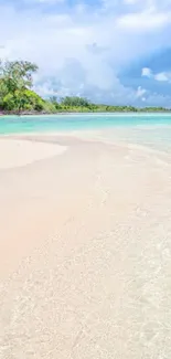 Serene tropical beach with clear ocean and blue sky wallpaper.