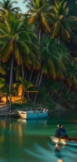 Tropical scene with boats and palm trees on tranquil teal waters.