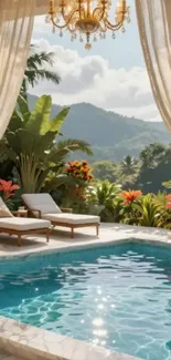 Luxurious tropical poolside with mountain view.