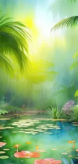 Serene tropical pond with palm trees and lily pads in green tones.