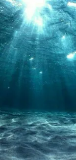 Tranquil underwater scene with sun rays piercing ocean waters.