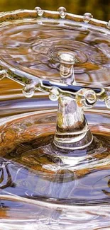 Artistic water drop splash with reflections against a golden brown backdrop.