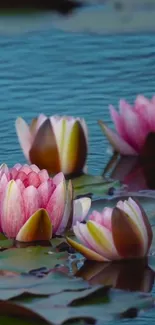 Mobile wallpaper with pink water lilies on a calm blue pond.