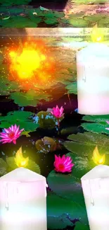 Serene water lily pond with glowing candles on calm water.