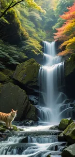 A cat stands by a lush waterfall in a serene forest setting.