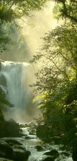 Waterfall flowing through a lush green forest scene, perfect for serene wallpaper.