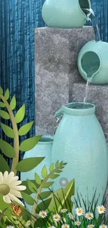 Teal vases with cascading water and green foliage in a serene garden wallpaper.