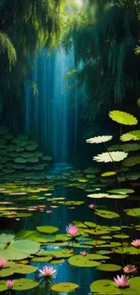 Serene forest waterfall with lily pads and vibrant greenery.