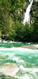 Scenic waterfall flowing through lush forest landscape with emerald green waters.