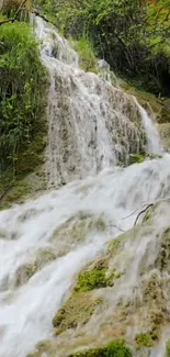 Cascading waterfall in a lush green forest setting.