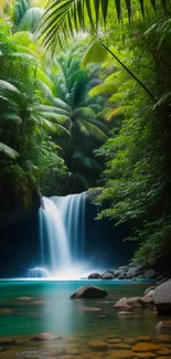 Tranquil jungle setting with waterfall and lush greenery as wallpaper.