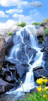 A tranquil waterfall flows over rocky cliffs surrounded by greenery and vibrant flowers.