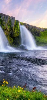 Tranquil waterfall with lush greenery and flowing river.