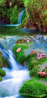 Calming waterfall over lush green moss.