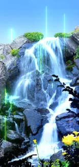 Tranquil waterfall with blue sky and vibrant nature elements on phone wallpaper.