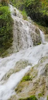 Beautiful mobile wallpaper of a tranquil waterfall flowing down lush greenery.