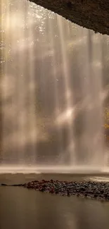 Tranquil waterfall with lush forest background for mobile wallpaper.