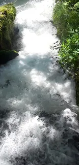 Tranquil waterfall with greenery in sunlight.