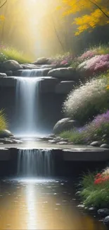 Tranquil waterfall surrounded by flowers and greenery under golden light.