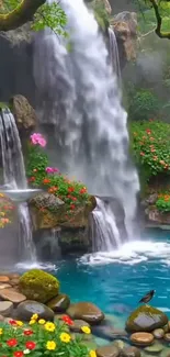 Serene waterfall with vibrant flowers and lush greenery.
