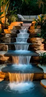 Tranquil waterfall surrounded by lush greenery and rocks.