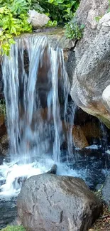 Serene waterfall with rocks and lush greenery in soothing mobile wallpaper.