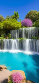 Scenic waterfall with a cyan blue pond and lush green surroundings.