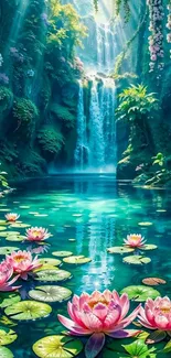 Beautiful waterfall with lotus flowers and lush greenery.