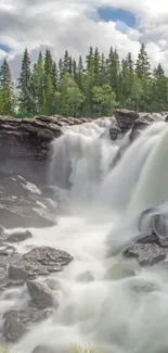 A serene waterfall flows through rocky terrain surrounded by lush green trees.