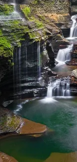 Peaceful waterfall with lush green surroundings for mobile wallpaper