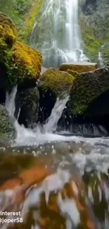 A serene waterfall scene with greenery and streaming water.