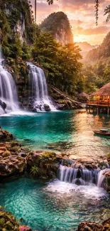 Tranquil waterfall retreat with lush greenery and a vibrant sunset sky.