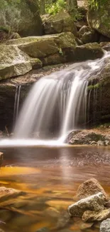 Tranquil waterfall over rocks in a forest.