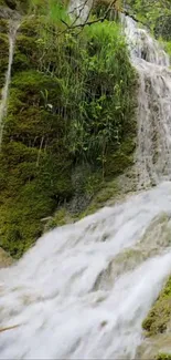 Serene waterfall cascading over lush moss and rocks in nature wallpaper.