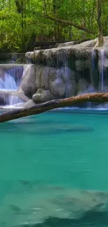 Vibrant waterfall with teal blue waters and lush greenery in the background.