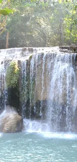 Serene waterfall amidst lush greenery.