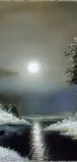 A moonlit winter night with a cabin by a frozen river.