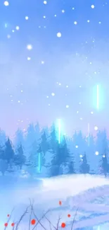 Winter night sky wallpaper with snowy landscape and glowing stars.