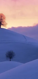 Snow-covered hills with trees at sunset, featuring vibrant purple and pink skies.