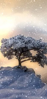 Snow-covered tree with glowing winter sky.