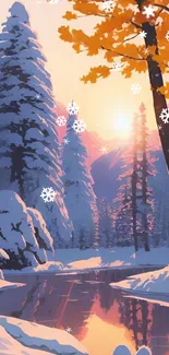 Illustration of a snowy winter landscape with trees and sunset.