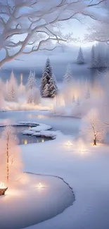 Serene snowy landscape with glowing trees.