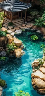 Tranquil Zen garden with a pond and lush greenery.